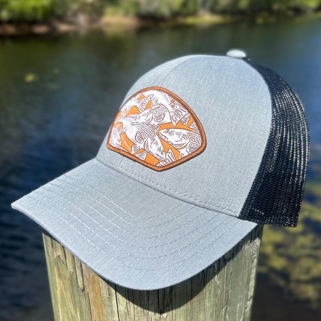 Redfish Collage Patch Hat – Gray/Black SnapBack Trucker