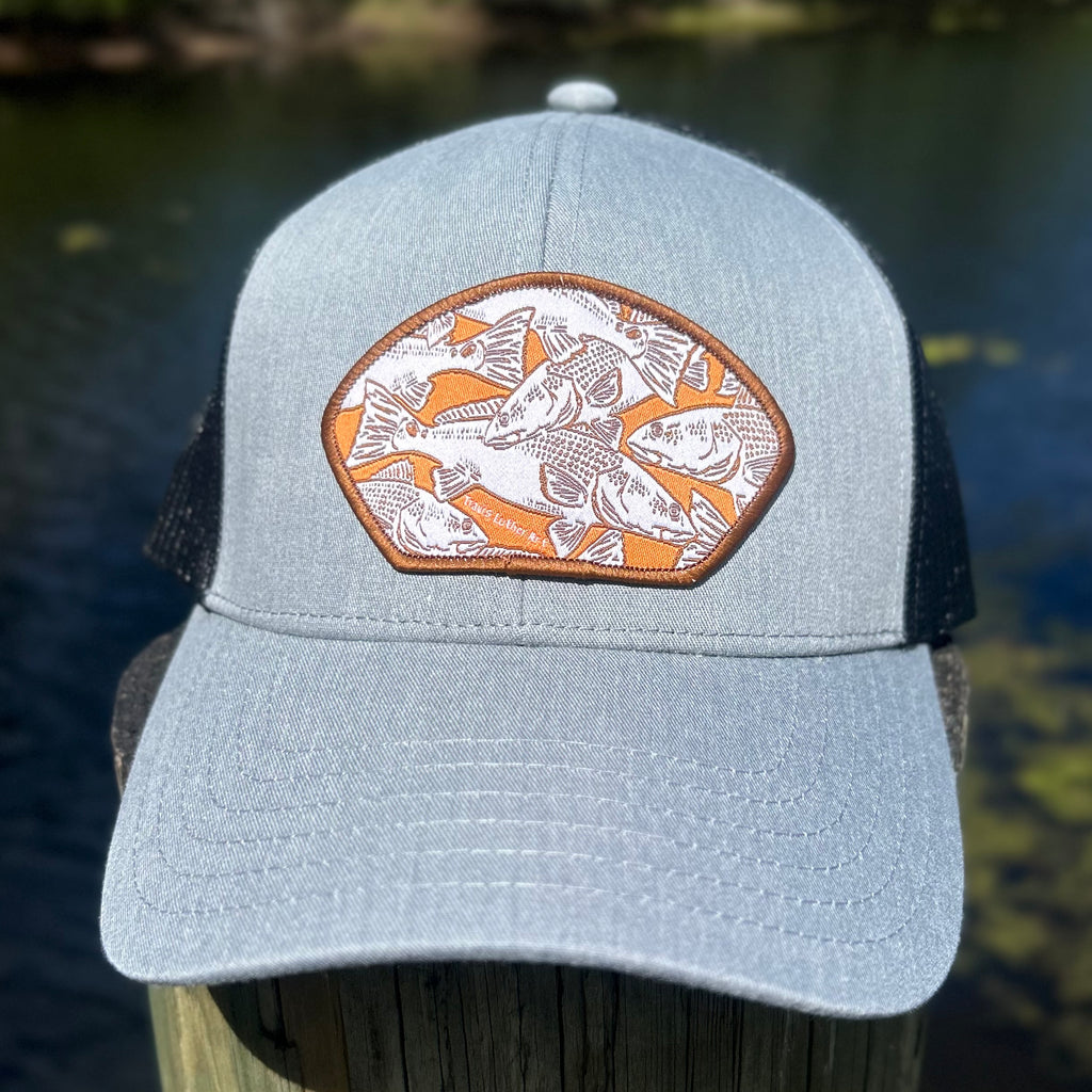 Redfish Collage Patch Hat – Gray/Black SnapBack Trucker