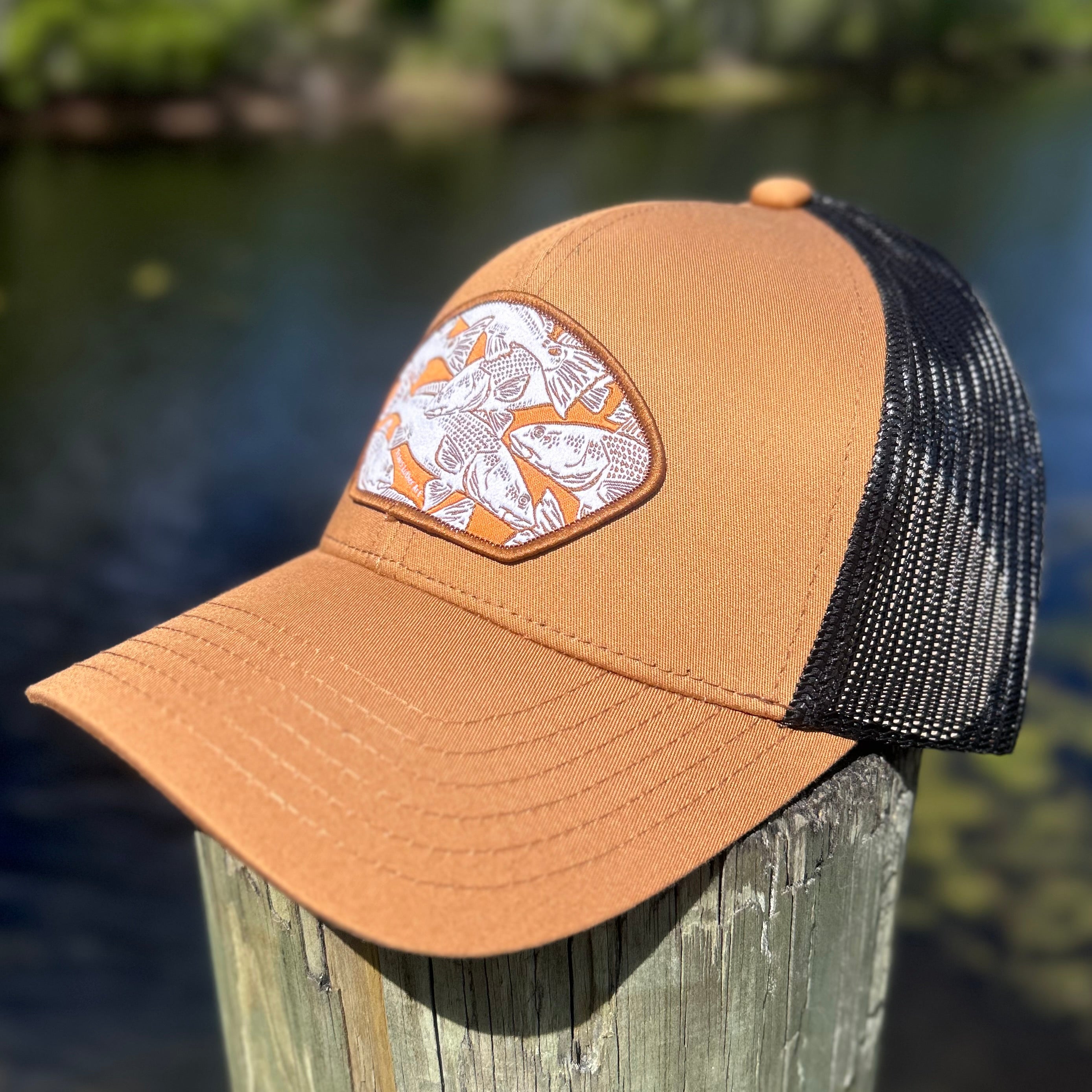 Redfish Collage Patch Hat - Rust/Black Snapback Trucker