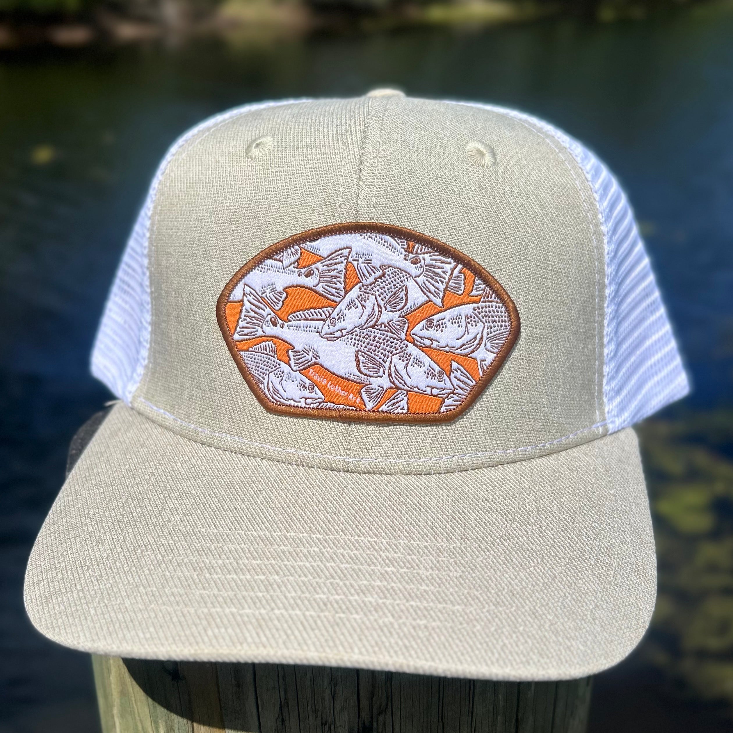 Redfish Collage Patch Hat – Tan/White SnapBack Trucker