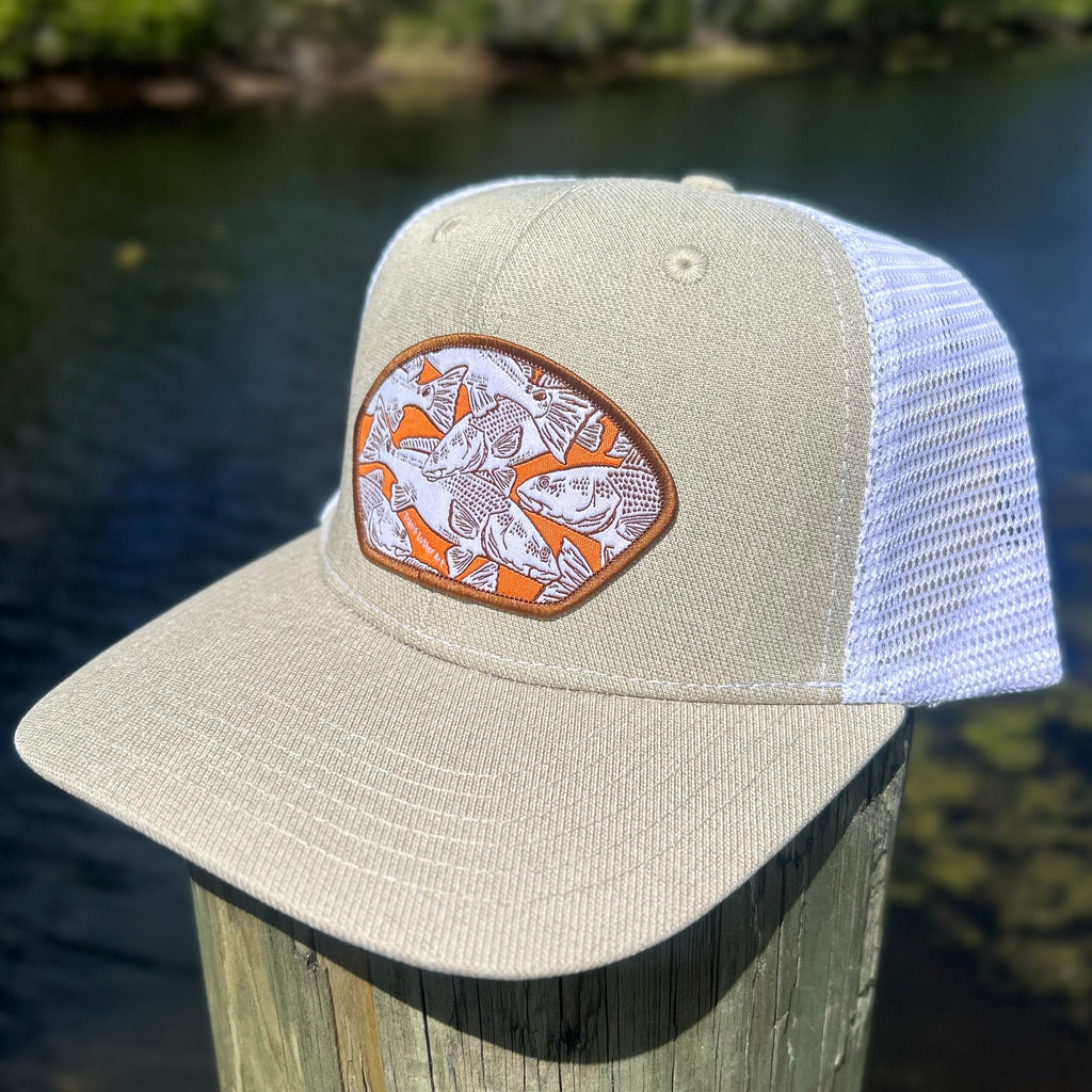 Redfish Collage Patch Hat – Tan/White SnapBack Trucker