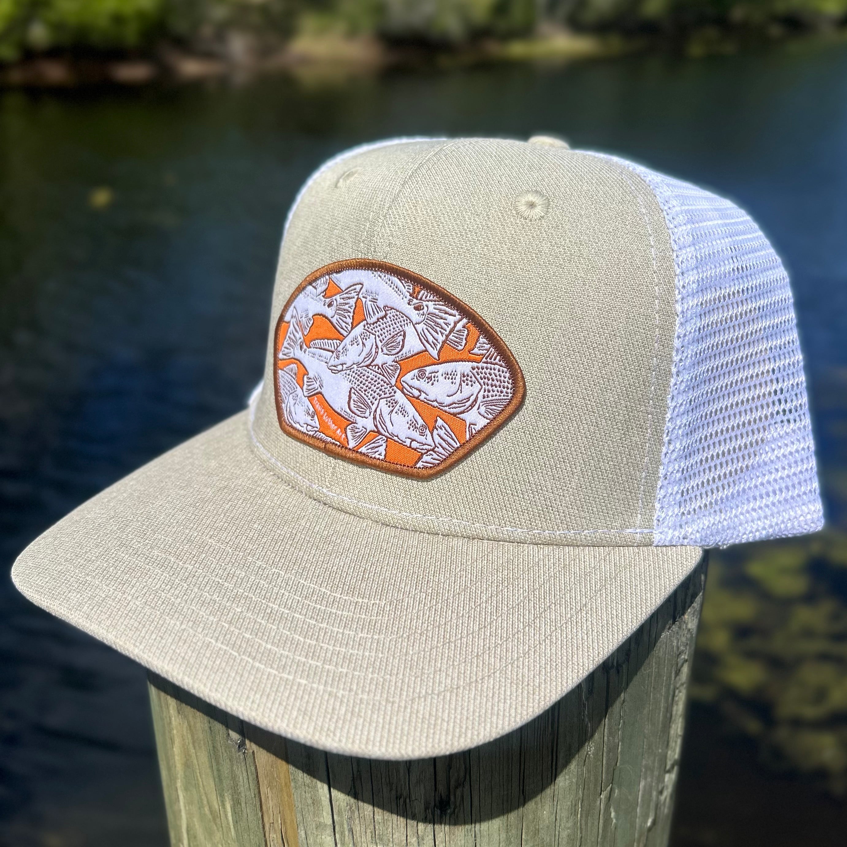 Redfish Collage Patch Hat – Tan/White SnapBack Trucker