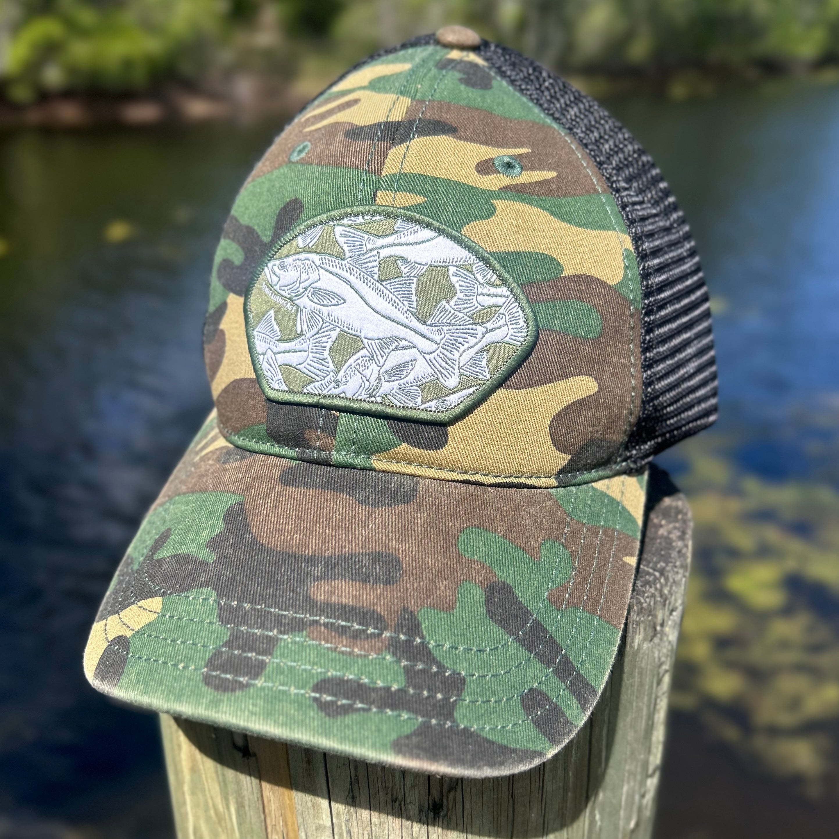Snook Collage Patch Hat – Camo SnapBack Trucker