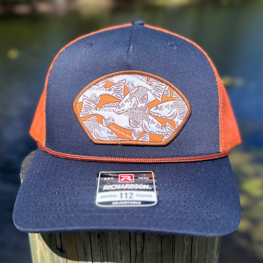 Redfish Collage Patch Hat – Navy/Orange SnapBack Trucker