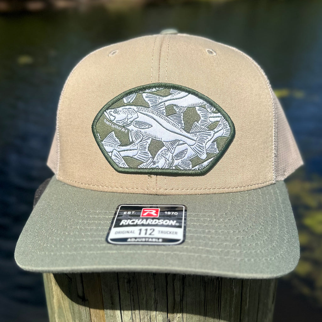 Snook Collage Patch Hat – Olive/Tan SnapBack Trucker
