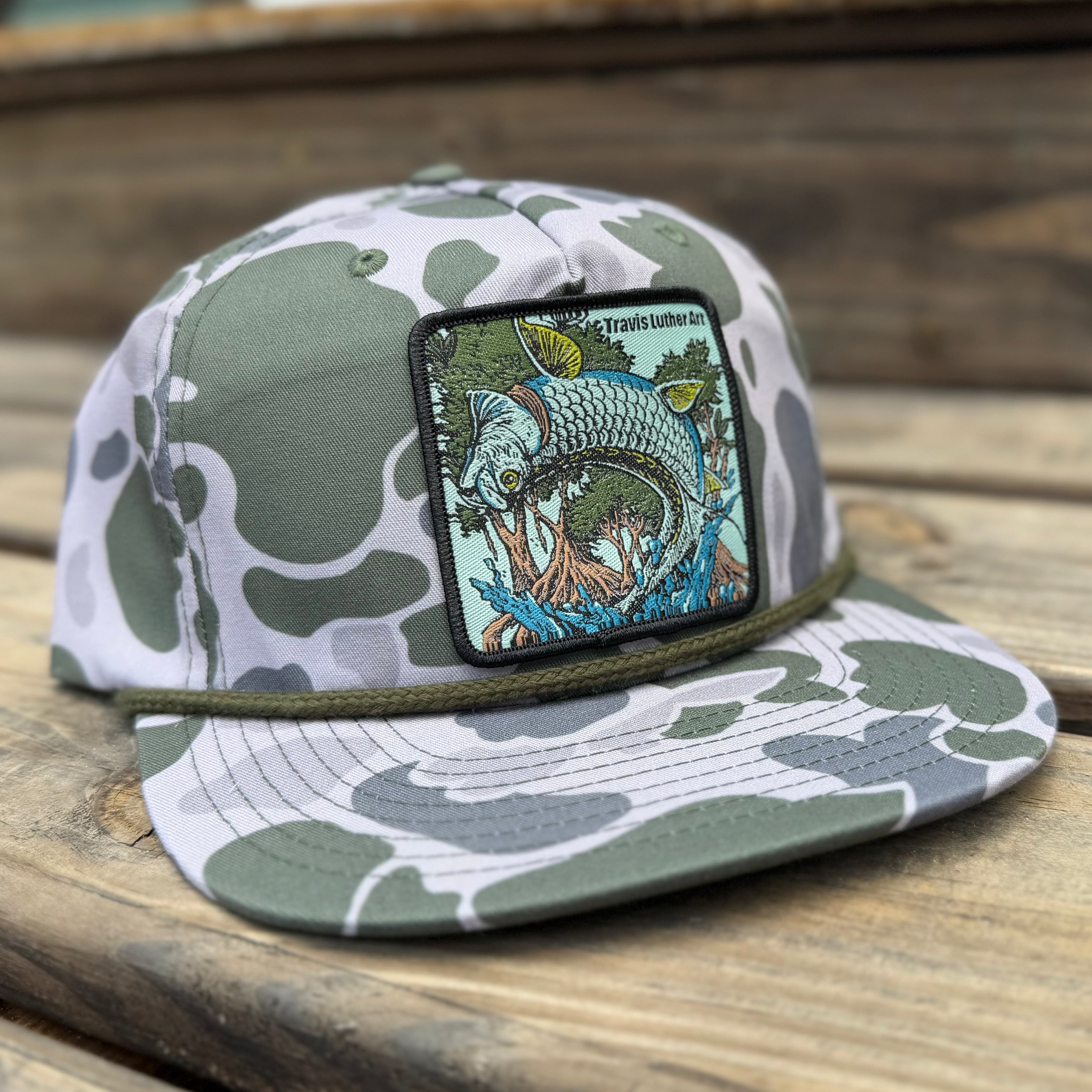 Jumping Tarpon Patch Hat- Camo/Olive Flatbill Snapback