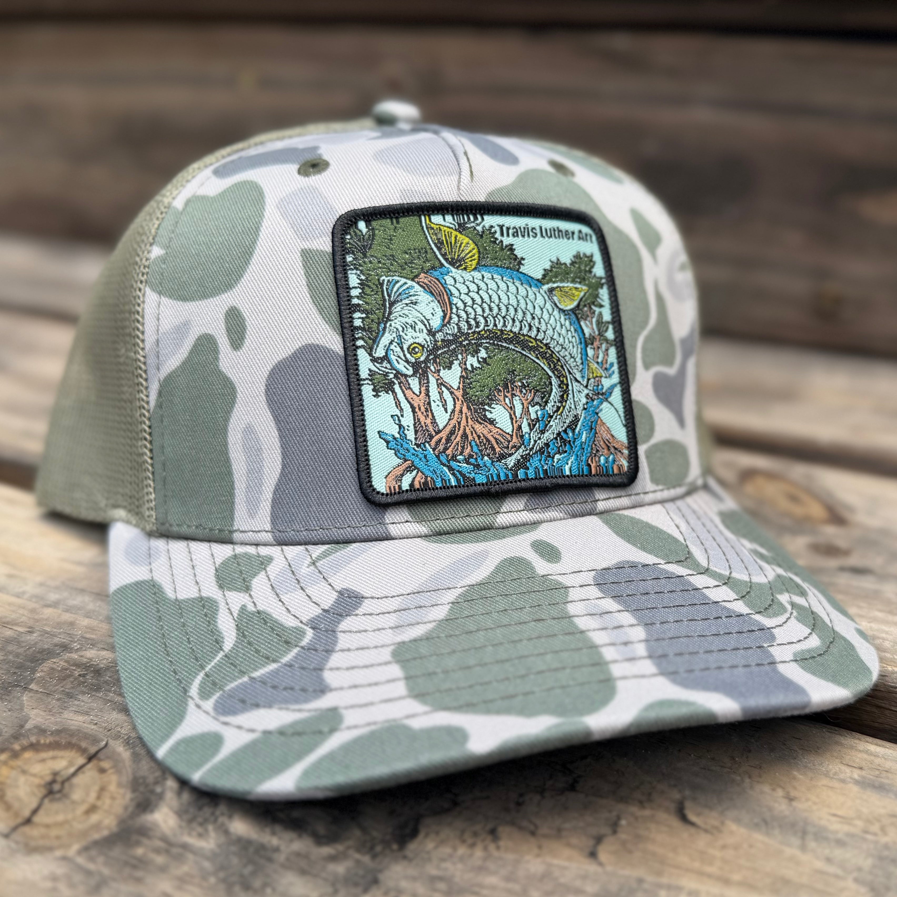 Jumping Tarpon Patch Hat - Camo Snapback Trucker