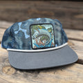 Jumping Tarpon Patch Hat - Blue Camo Mesh Flatbill Trucker