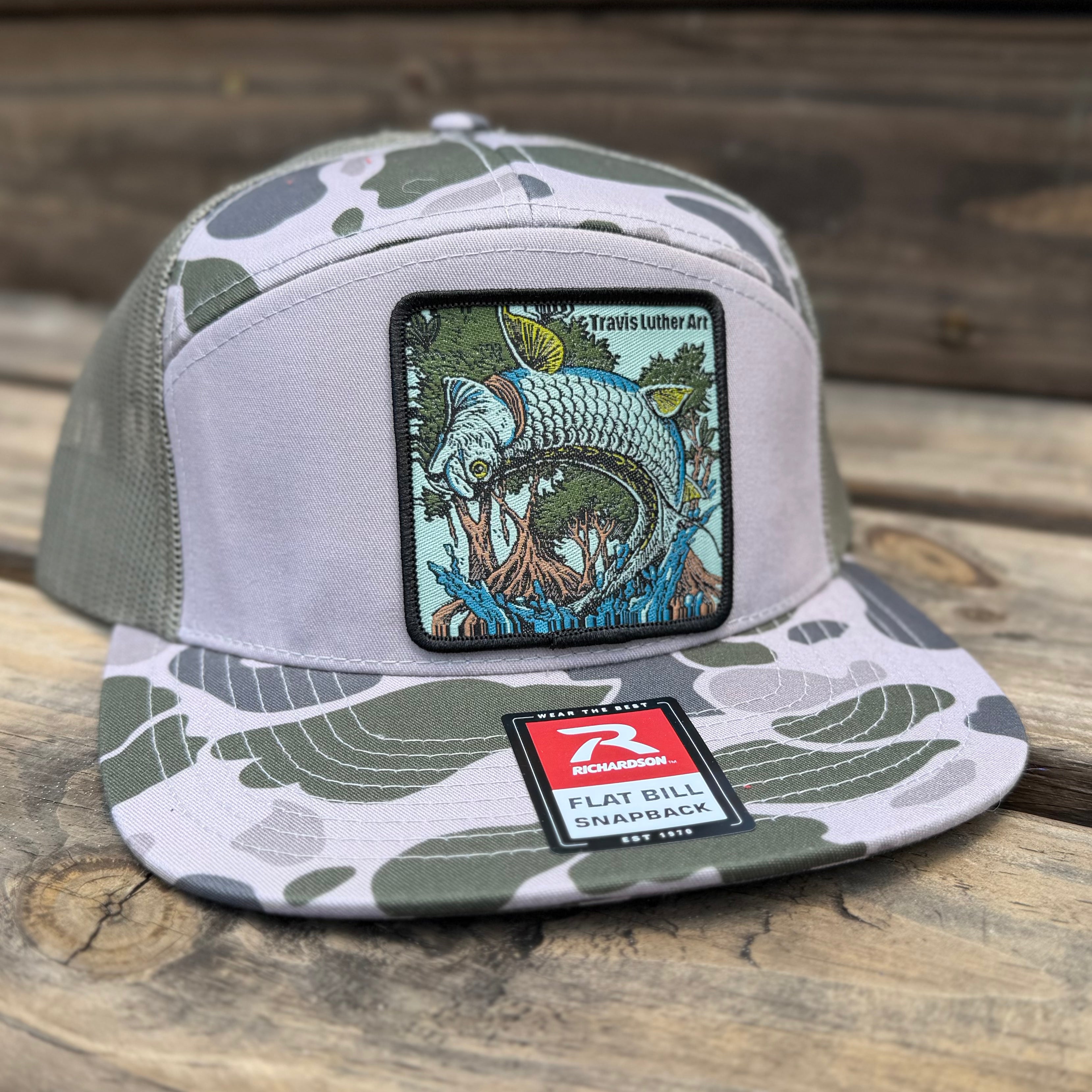 Jumping Tarpon Patch Hat - 7 Panel Camo Trucker