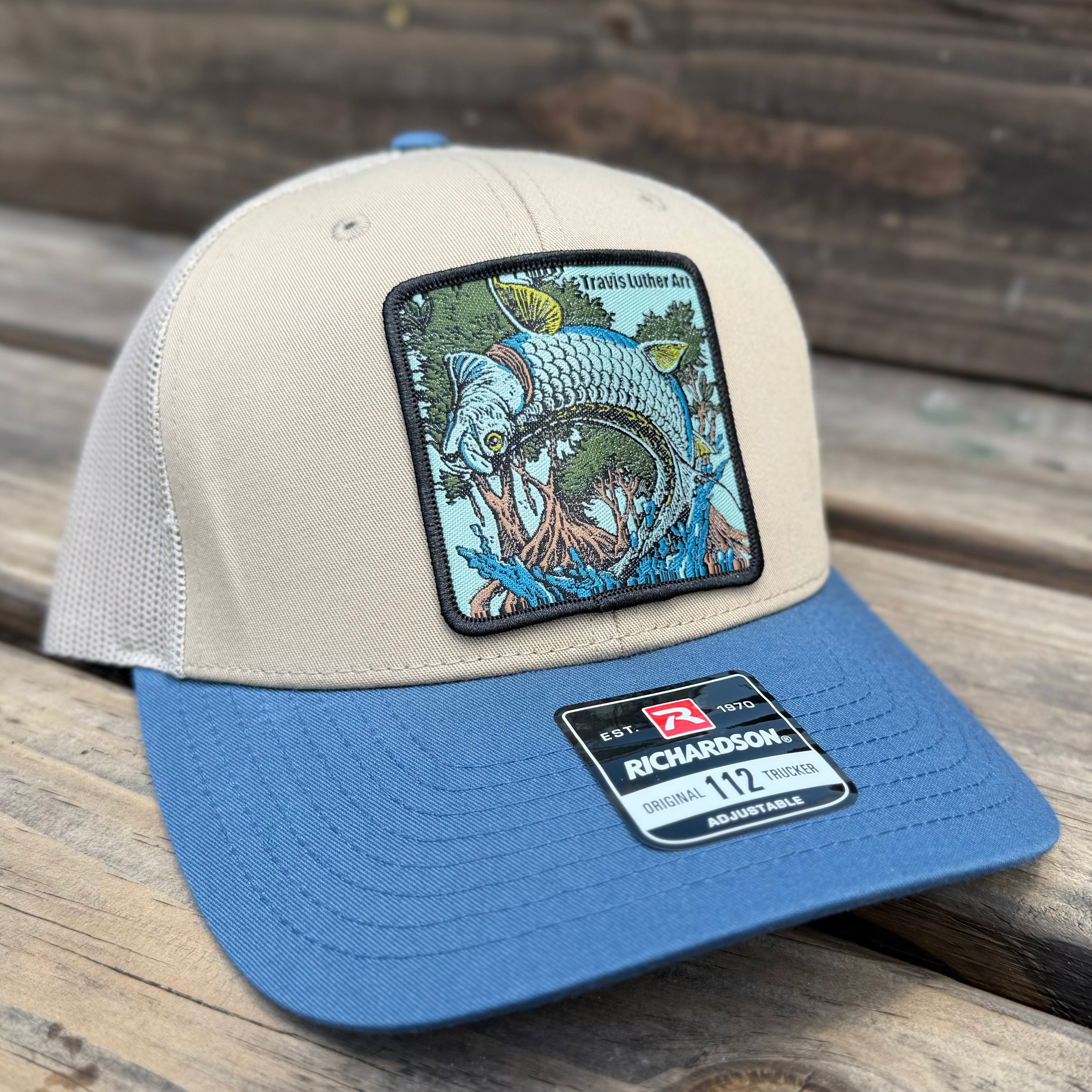 Jumping Tarpon Patch Hat - Tan/Blue Snapback Trucker