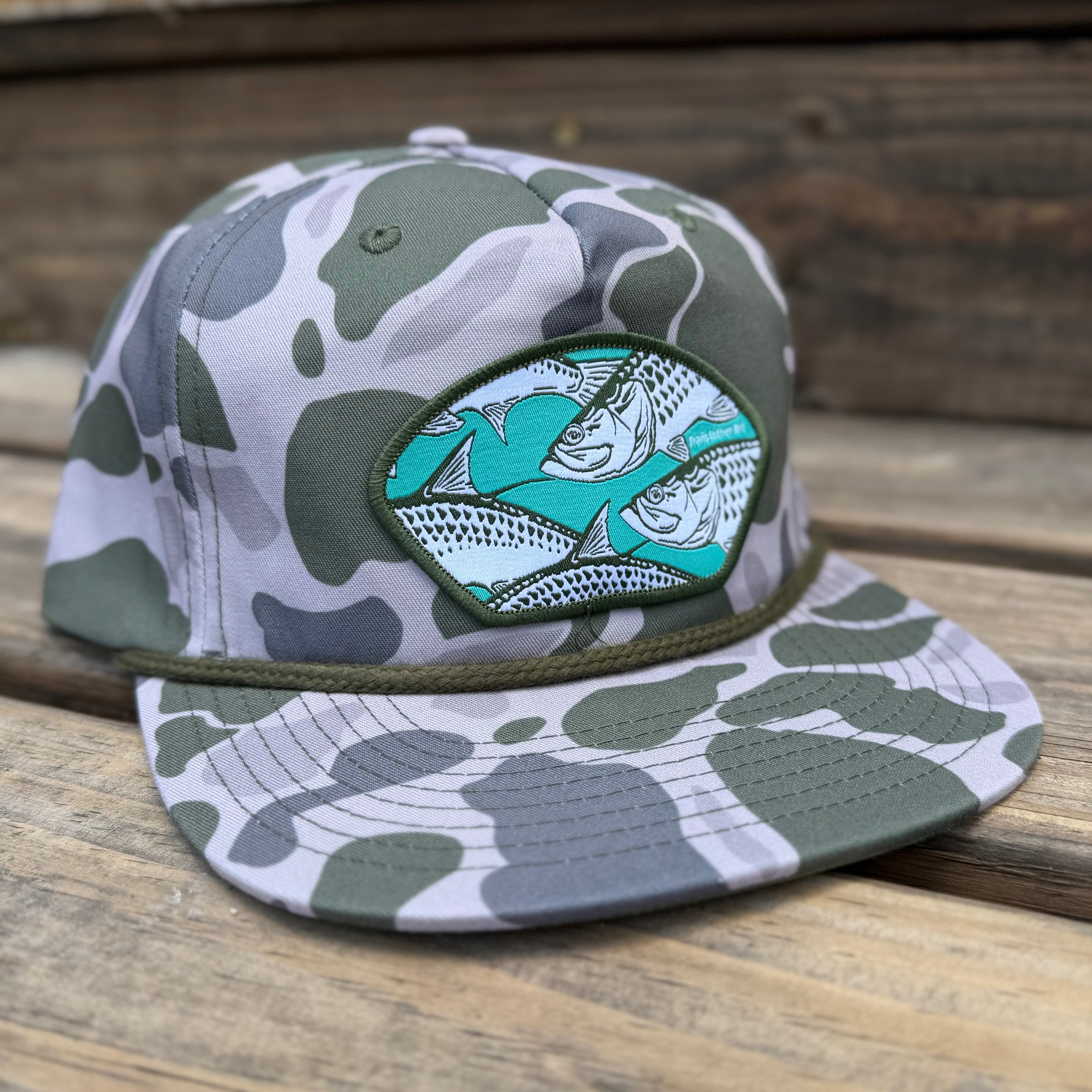 Tarpon Collage Patch Hat - Camo Flatbil Olive Rope